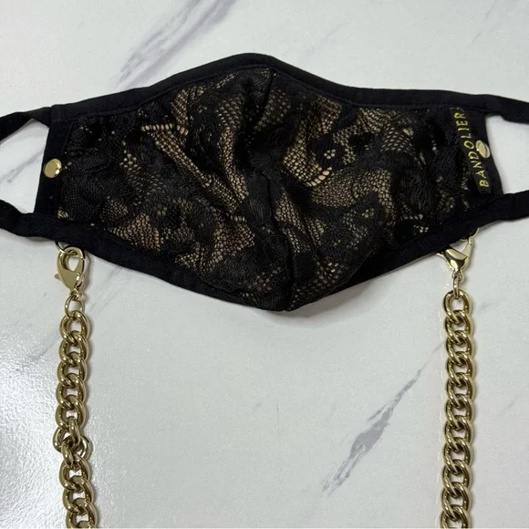 NWOT Bandolier Lace Sophie Face Mask Gold Chain Black Beige Adjustable Ear Loops - Picture 4 of 11